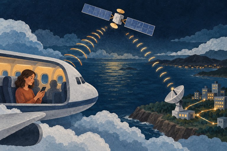 Schematische papiercollage van een vliegtuigpassagier, een satelliet en een grondnetwerk met signaalbogen ertussen.