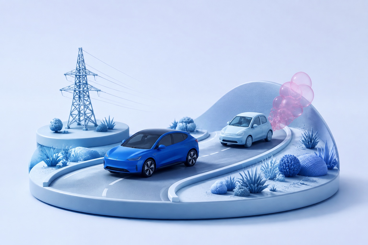 AI-illustratie van twee auto’s op een miniatuurweg en een aparte elektriciteitsmast
