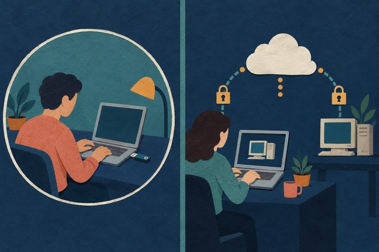 Papiercollage met links lokaal gebruik van een laptop en rechts bediening van een andere computer via een verbinding met een clouddienst.
