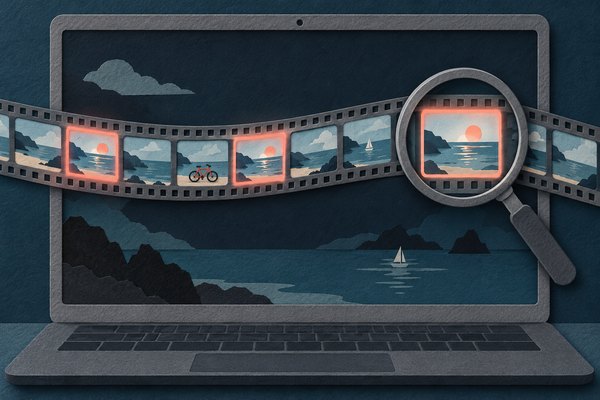 Een filmstrook met enkele uitgelichte beelden; een fiets staat juist in een beeld dat niet is geselecteerd.