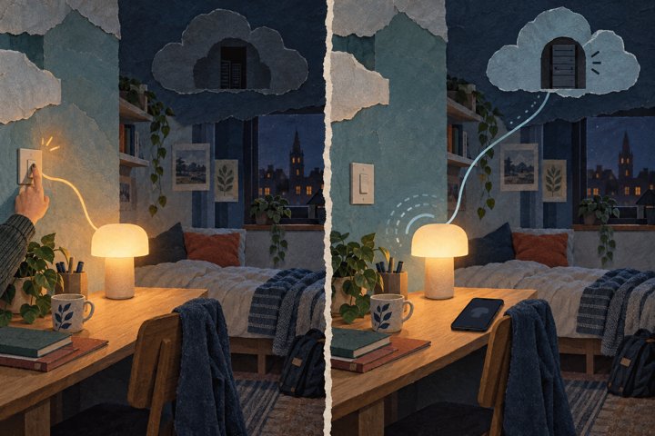 Twee vergelijkbare kamers als papiercollage: links bedient iemand een lamp met een fysieke schakelaar, rechts loopt een verbinding van de lamp naar een server en ligt een telefoon op tafel.