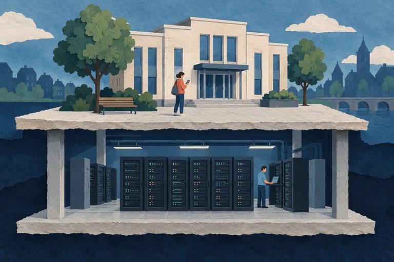 Conceptuele AI-collage met een overheidsgebouw boven een afzonderlijke laag met computerkasten.