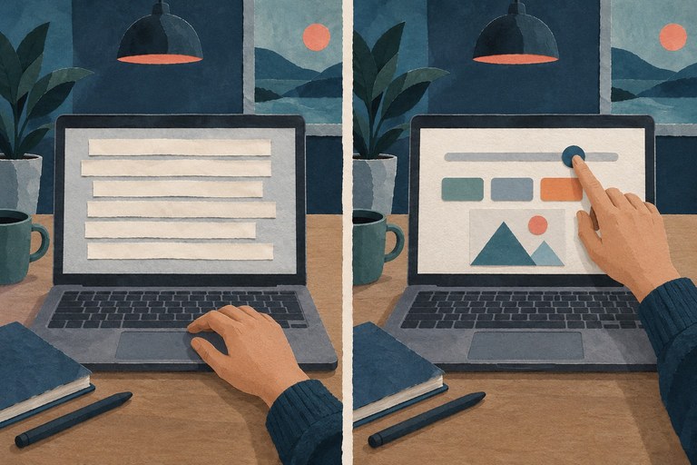 Papiercollage met twee gelijke laptops: links blanco tekststroken, rechts knoppen en een schuifregelaar die een hand bedient.