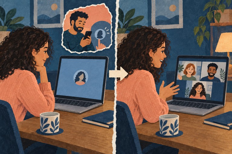 Twee conceptuele scènes: dezelfde vrouw wacht bij haar laptop en neemt daarna deel aan een videogesprek.