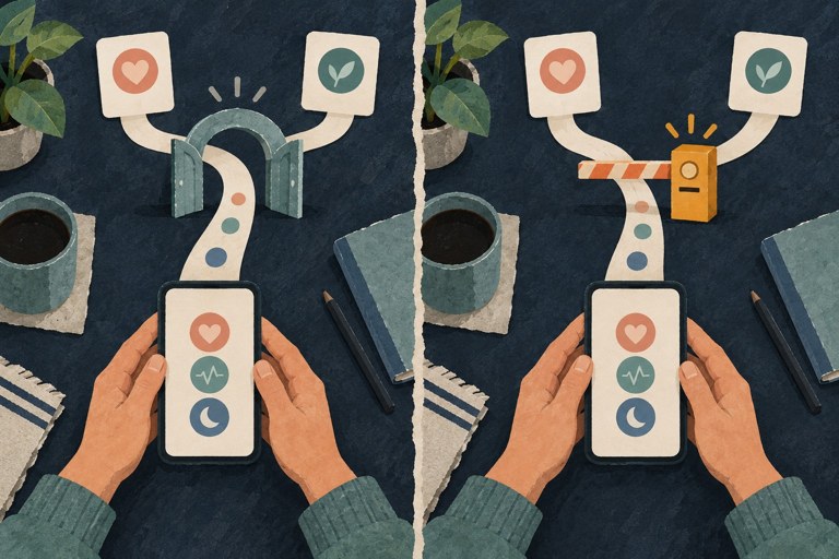 Twee gelijke papiercollages met een telefoon: links loopt een verbinding door een open poort, rechts staat een slagboom.