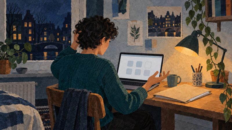 Conceptuele tekening: dezelfde gebruiker ziet een lege plek tussen programma’s op de laptop; de papieren documenten blijven op tafel.