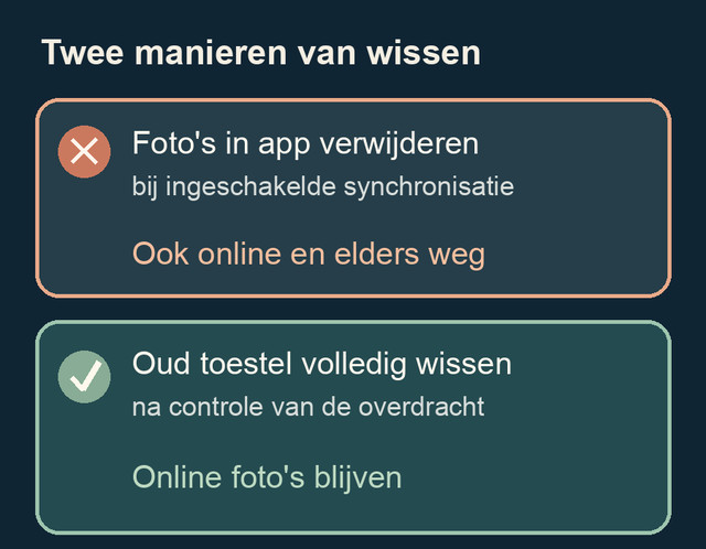 Schema: foto's in een gesynchroniseerde app verwijderen kan ze online en op andere toestellen wissen; een volledige reset na overdracht wist alleen het oude toestel.