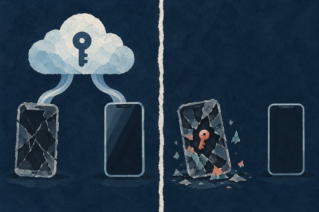 Tweeluik: links zijn een kapotte en een nieuwe telefoon via een cloudkluis met dezelfde passkey verbonden; rechts blijft een sleutel alleen op een kapot toestel en is de nieuwe telefoon leeg.