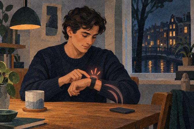 Dezelfde man reageert op een oplichtend horloge, met een telefoon op tafel; conceptuele voorstelling van een actieve waarschuwing.
