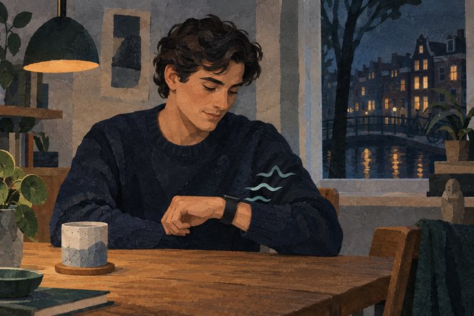 Geschilderde papiercollage: een man bekijkt rustig zijn horloge aan tafel; een passieve meting wordt verbeeld.