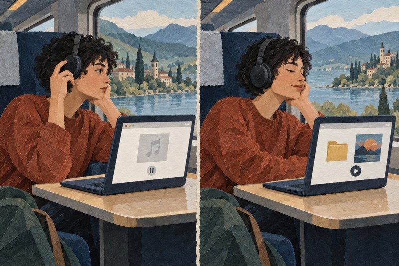 Dezelfde luisteraar in de trein: links wacht de webspeler, rechts speelt een eerder opgeslagen muziekbestand. Conceptuele vergelijking.