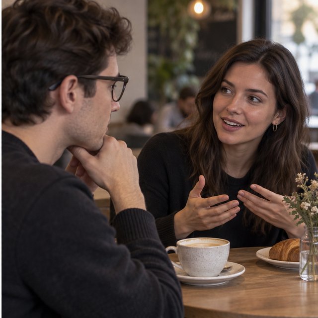 Dezelfde conceptuele caféscène, nu met een bril zonder zichtbare camera en een ontspannen gesprekspartner.