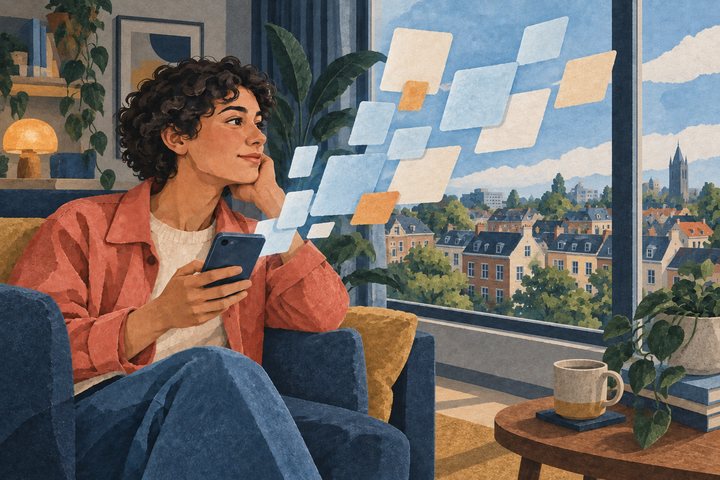 Conceptuele papiercollage: dezelfde jonge reiziger gebruikt thuis haar telefoon naast een raam, omringd door veel blanco papieren vormen.