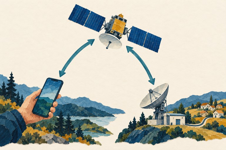 Conceptuele AI-collage met tweerichtingspijlen tussen een telefoon, satelliet en grondstation, dat op het netwerk aansluit.
