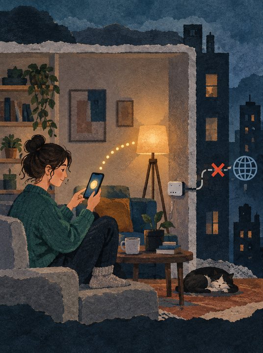 Conceptuele collage: thuis bedient dezelfde jonge vrouw een lamp via haar telefoon terwijl de verbinding naar buiten is onderbroken.