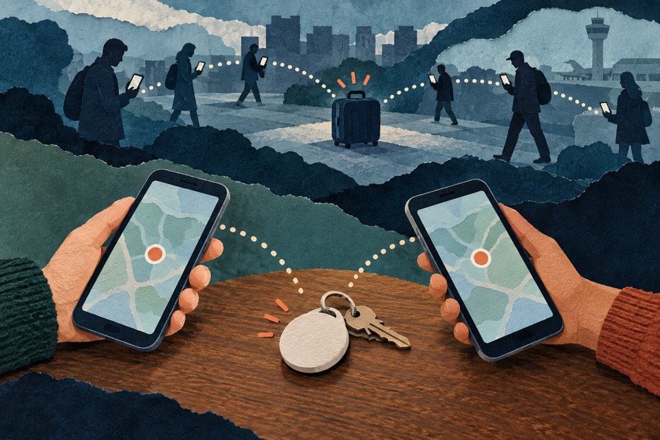 Conceptuele geschilderde papiercollage: twee telefoons tonen dezelfde sleutelbos, terwijl op de achtergrond telefoons een koffer proberen te vinden.