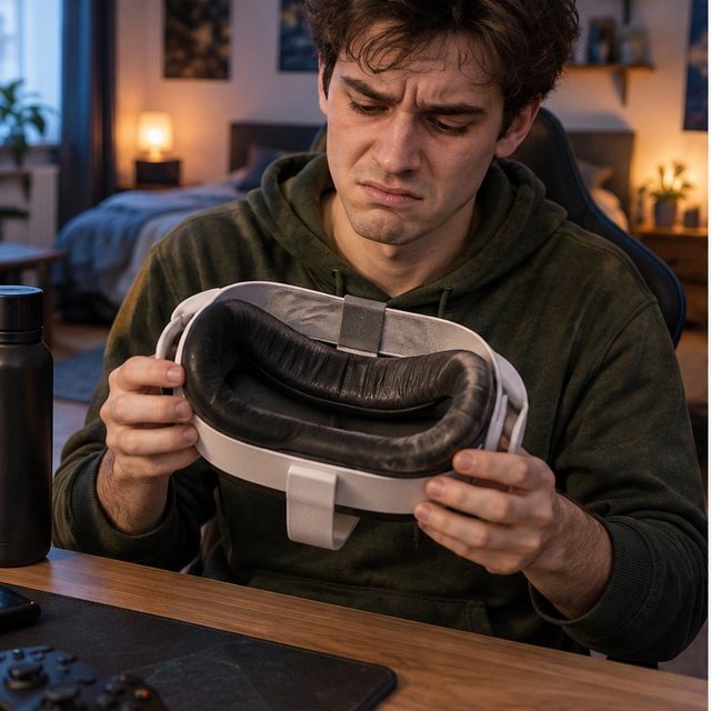 Conceptuele illustratie: een gebruiker bekijkt het versleten gezichtskussen van een VR-bril.