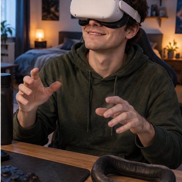 Conceptuele illustratie: dezelfde gebruiker draagt een VR-bril na vervanging van het gezichtskussen.