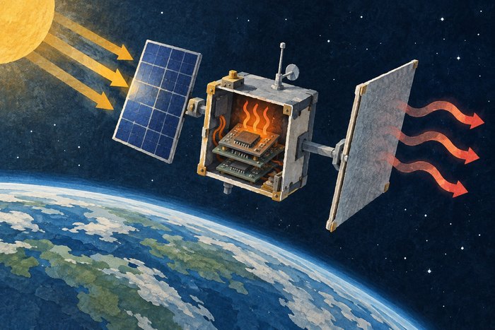 Conceptuele geschilderde doorsnede van een testsatelliet: zonlicht bereikt het zonnepaneel; een afzonderlijk radiatorpaneel voert de warmte van AI-chips af naar de ruimte. Geen weergave van het echte toestel.