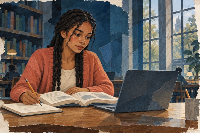 AI-illustratie: dezelfde student vergelijkt een antwoord op haar laptop met een opengeslagen studieboek.