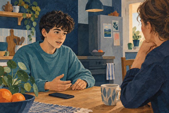 AI-illustratie: dezelfde tiener heeft de telefoon neergelegd en praat met een ouder aan de keukentafel.