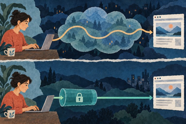 Twee getekende verbindingen: boven een laptop via een abstract netwerk naar een website, onder via een apart gekozen VPN.