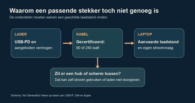 Schema van lader via USB-C-kabel naar laptop: USB-PD, kabelvermogen en stroomvraag bepalen de laadstand; een hub of scherm kan stroom gebruiken of laden niet doorgeven.