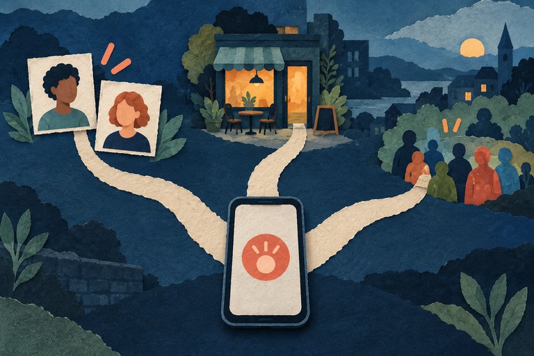 Conceptuele papiercollage: vanaf een telefoon lopen verbindingen naar bekenden, een zaak en mensen in de buurt.