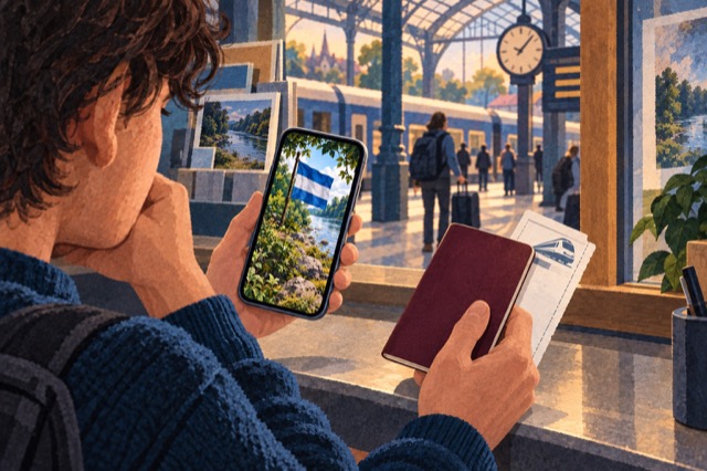 Dezelfde fictieve jongere staat met een gewoon reisdocument op een station en bekijkt Verdis op zijn telefoon.
