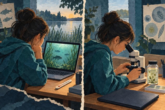 Papiercollage met dezelfde jongere die links een onderwaterfilm bekijkt en rechts een watermonster met een microscoop onderzoekt.