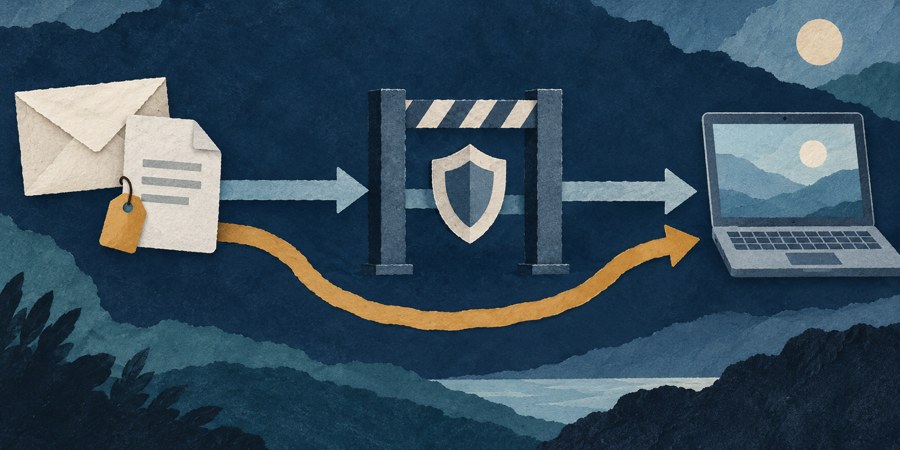 Conceptuele papiercollage: een internetbestand met herkomstlabel passeert een controlepoort; een tweede route loopt om de controle heen.