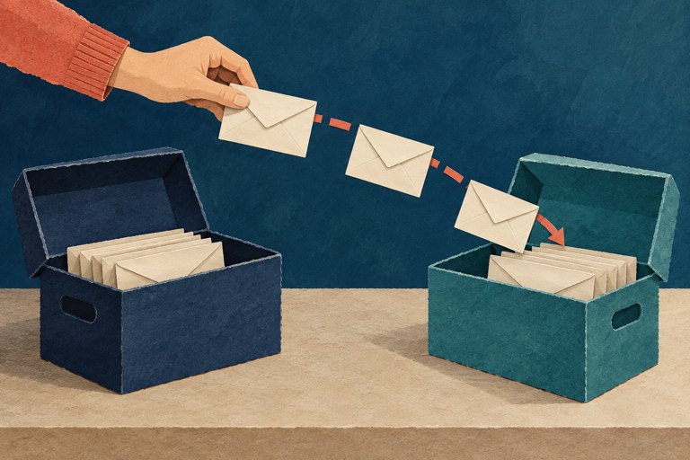 AI-illustratie: enveloppen worden gekopieerd tussen twee archiefdozen, terwijl in de eerste doos post achterblijft.